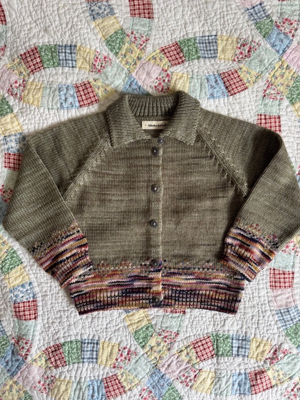 Misha & Puff Pinecone Cardigan in Merino Wool Seal Gray 5y